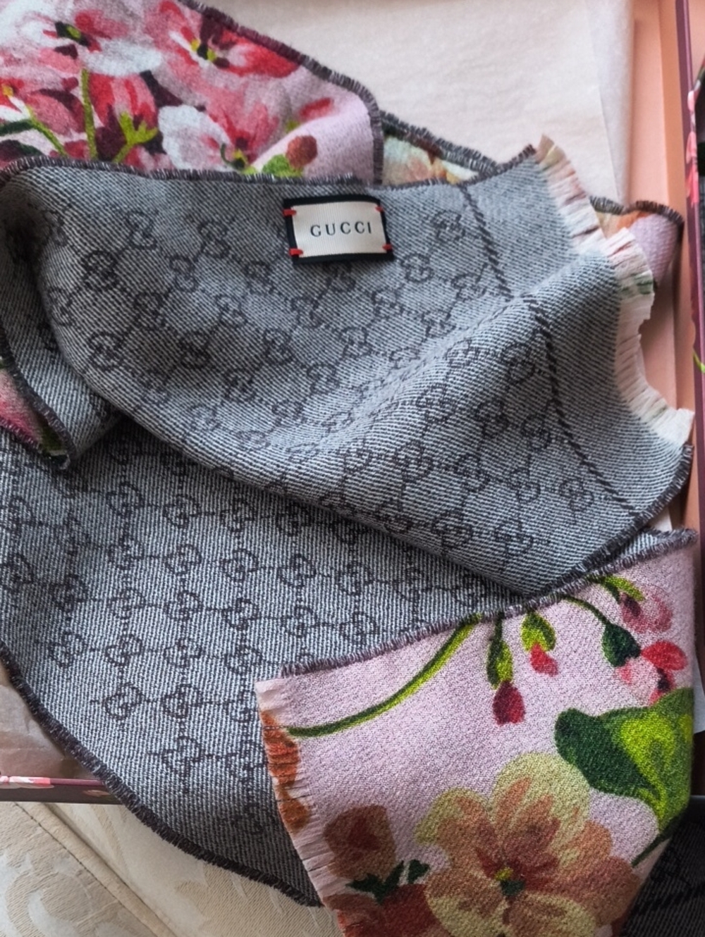 Gucci Pink Floral & Gray Monogram Wool-Blend Scarf